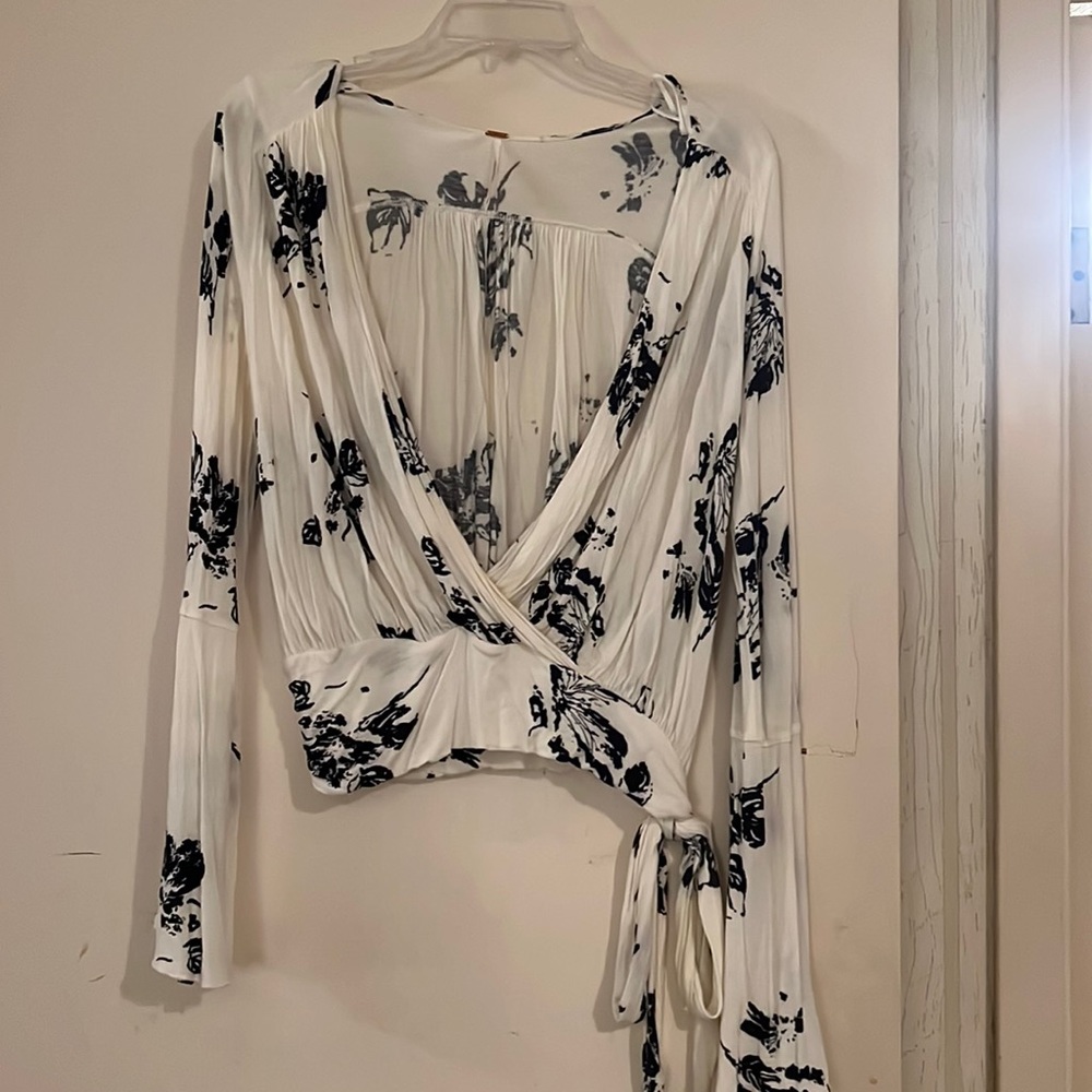 Free People printed top with flared sleeves and bottom tie